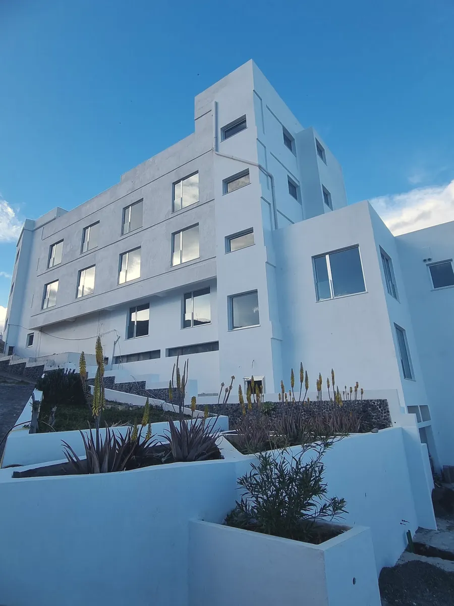 Die weiße Fassade des Hauses mit Aloe-Beeten